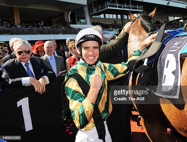 Horseracing , Flemington Races . RACE 7 Crown Guineas. Rock Classic [Michael Rodd ] after win . . 13th March 2010 . THE AGE SPORT. Picture Vince...