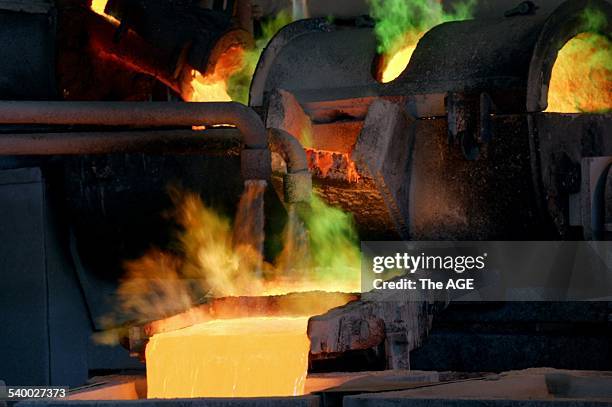 Pouring molten copper anodes at the Olympic Dam Mine in South Australia, 22 November 2004. THE AGE Picture by MICHAEL CLAYTON-JONES