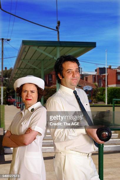 Comedians Judith Lucy and Mick Molloy, who star in the movie Crackerjack, at the Melbourne Bowls Club, Union Street, Windsor, 18 October 2002. THE...