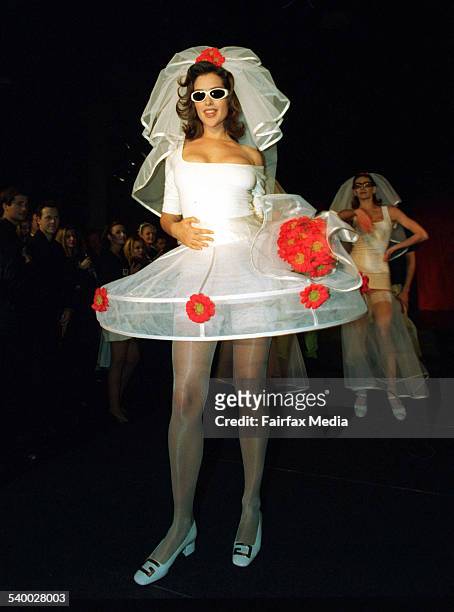 Kate Fischer on the catwalk at the Australian launch of Diesel sunglasses at the Old St Peter's Church, 22 August 1996. SHD Picture by KEN JAMES