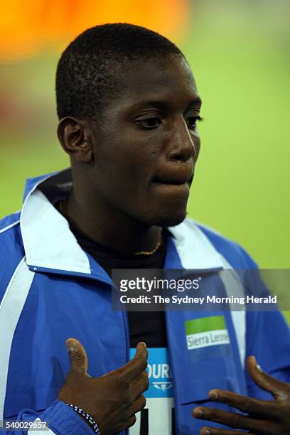 Commonwealth Games 2006. Sierra Leone's Samuel Randall preparing to run third in the Men's 4 X 100m heat, 24 March 2006. SMH Picture by PAT SCALA