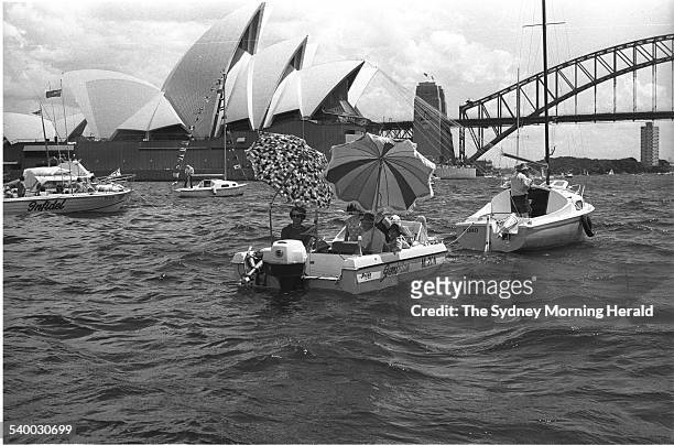 Sydneysiders enjoy a day on the harbour on the opening day of the Sydney Opera House, 20 October 1973. SMH Picture by ALAN PURCELL