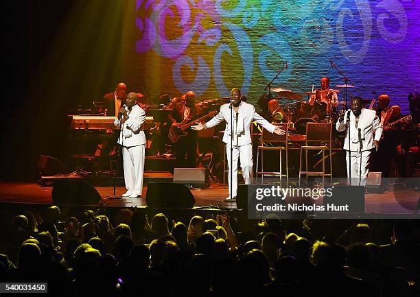 Walter Williams, Eric Grant and Eddie Levert of The O'Jays perform at the 11th Annual Apollo Theater Spring Gala at The Apollo Theater on June 13,...