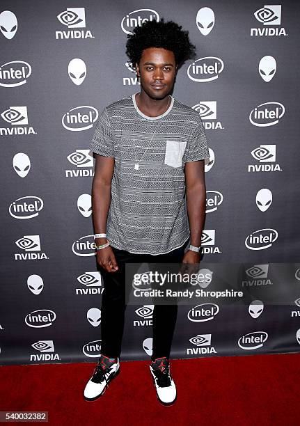 Actor Echo Kellum checks out the latest virtual reality and gaming technology at a VIP Alienware Party during E3, in partnership with NVIDIA and...
