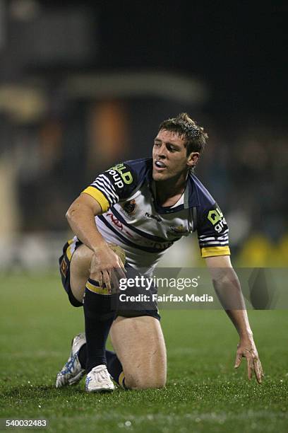 The Cowboys' Ashley Graham finds it tough going during the Round 19 NRL rugby league match between the Penrith Panthers and North Queensland Cowboys...