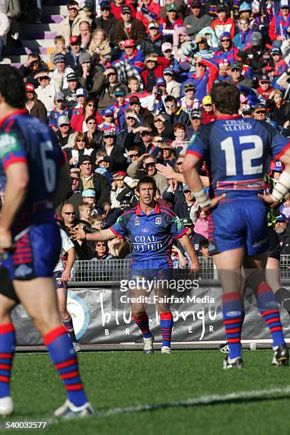 Newcastle's Andrew Johns shouts at referee Paul Simkin during the Round 19 NRL rugby league match between the Newcastle Knights and Melbourne Storm...