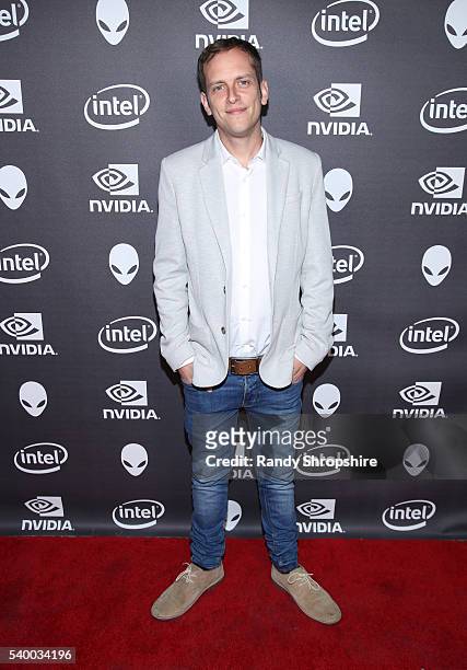 Ilan Bluestone checks out the latest virtual reality and gaming technology at a VIP Alienware Party during E3, in partnership with NVIDIA and Intel,...