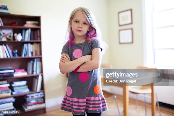 girl indoors with arms crossed - pink hair stock pictures, royalty-free photos & images