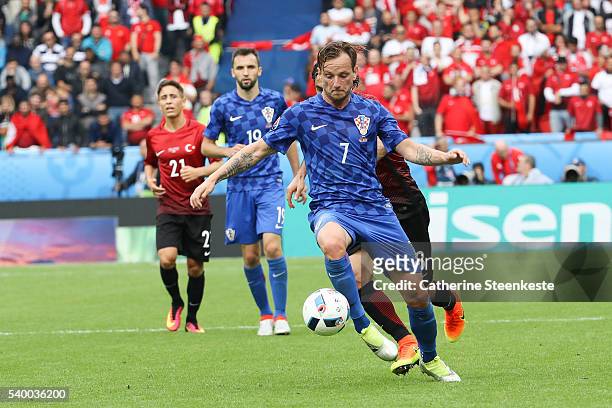 Ivan Rakitic of Croatia controls the ball during the UEFA EURO 2016 Group D match between Turkey and Croatia at Parc des Princes on June 12, 2016 in...