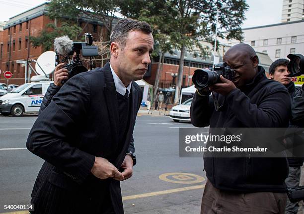 Oscar Pistorius arrives at North Gauteng High Court on June 14, 2016 in Pretoria, South Africa. Having had his conviction upgraded to murder in...