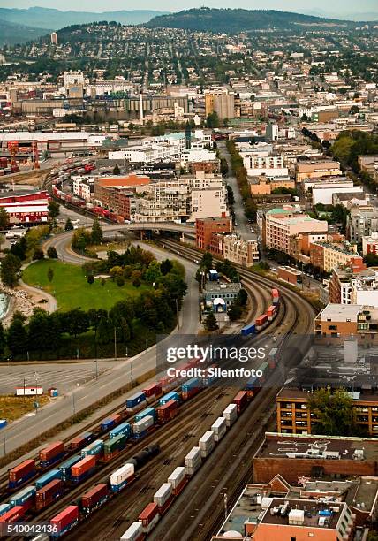 elevated view of vancouver's east downtown - vancouver city stock pictures, royalty-free photos & images