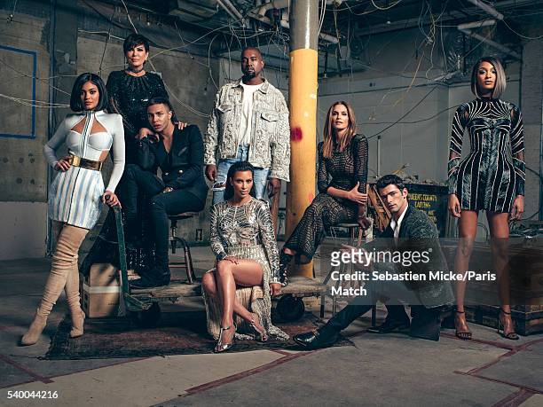 Fashion designer and the creative director of Balmain, Olivier Rousteing is photographed with Kim Kardashian, Kylie Jenner, Kris Jenner, Kanye West,...