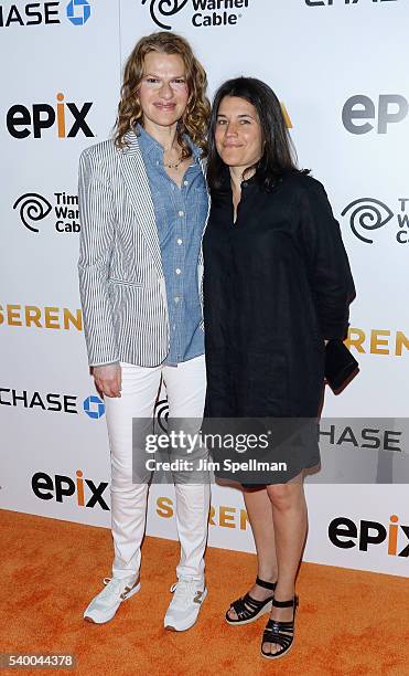 Comedian Sandra Bernhard and Sara Switzer attend the premiere of EPIX original documentary "Serena" at SVA Theatre on June 13, 2016 in New York City.