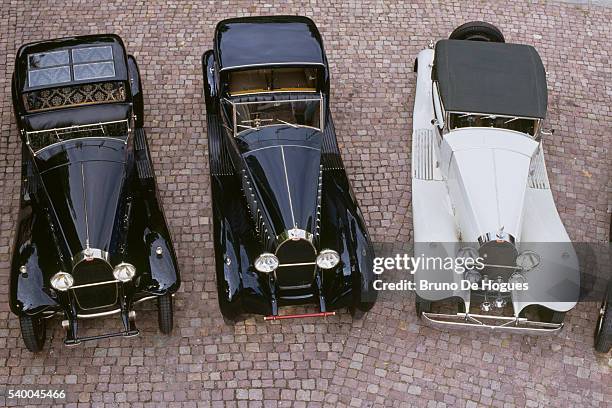 Six Bugatti Royales belonging to the Schlumpf Collection parked in the courtyard of the National Automobile Museum. The first Bugatti Type 41 Royale...