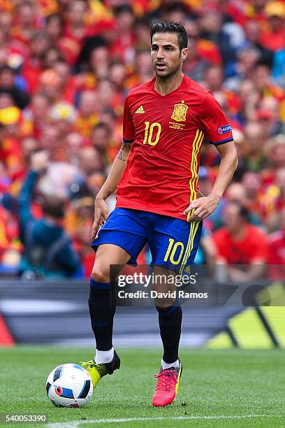 Cesc Fabregas of Spain runs with the ball during the UEFA EURO 2016 Group D match between Spain and Czech Republic at Stadium Municipal on June 13,...