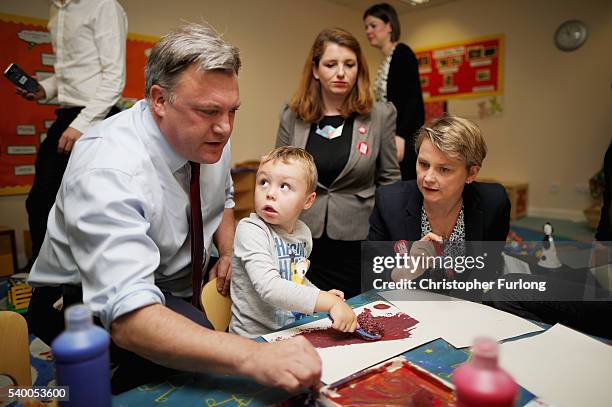 Alison Mcgovern Mp looks on as Yvette Cooper MP and her husband and former shadow chancellor Ed Balls, paint with children during a Vote Remain...