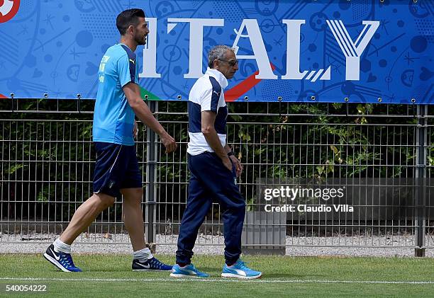 Doctor Enrico Castellacci and Graziano Pelle during the training session at "Bernard Gasset" Training Center on June 14, 2016 in Montpellier, France.