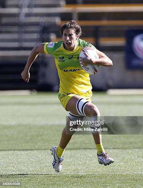 Alicia Quirk of Australia runs with the ball during the match against Canada at Fifth Third Bank Stadium on April 9, 2016 in Kennesaw, Georgia.