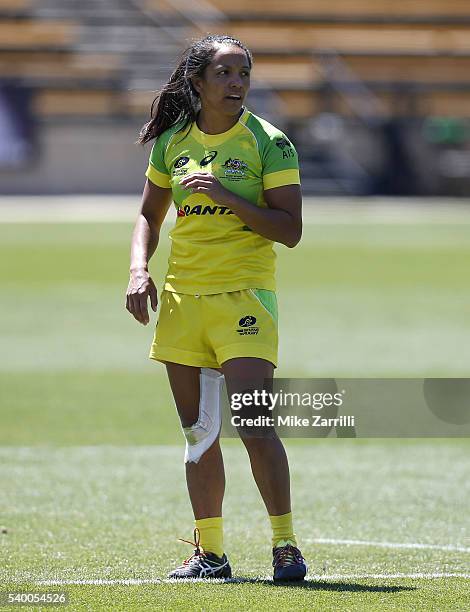 Amy Turner of Australia watches the action during the match against Canada at Fifth Third Bank Stadium on April 9, 2016 in Kennesaw, Georgia.