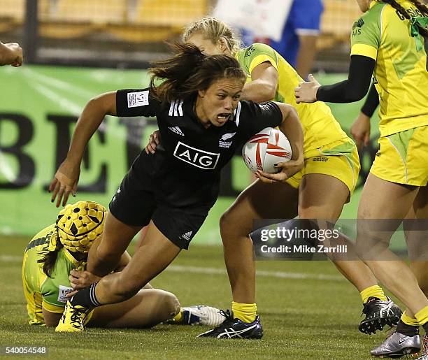 Ruby Tui of New Zealand is tackled while running with the ball during the Final match against Australia at Fifth Third Bank Stadium on April 9, 2016...