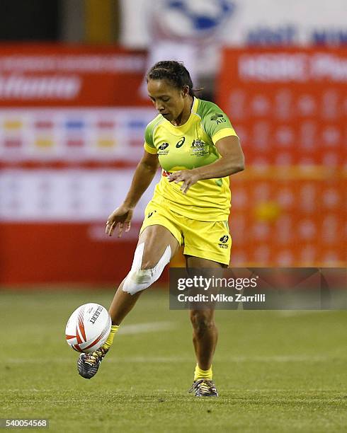 Amy Turner of Australia kicks the ball during the match against Canada at Fifth Third Bank Stadium on April 9, 2016 in Kennesaw, Georgia.