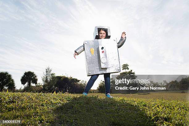 girl wearing homemade robot costume - child robot stock pictures, royalty-free photos & images