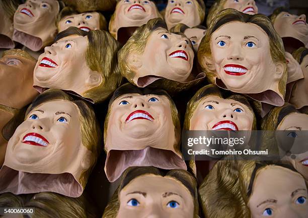 Rubber masks in the likeness of Democratic presidential candidate Hillary Clinton are stacked at the Ozawa Studios Inc. Factory on June 14, 2016 in...