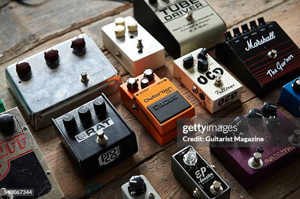 Selection of effects pedals, including Marshall, Boss and Big Muff brands, taken on October 6, 2015.