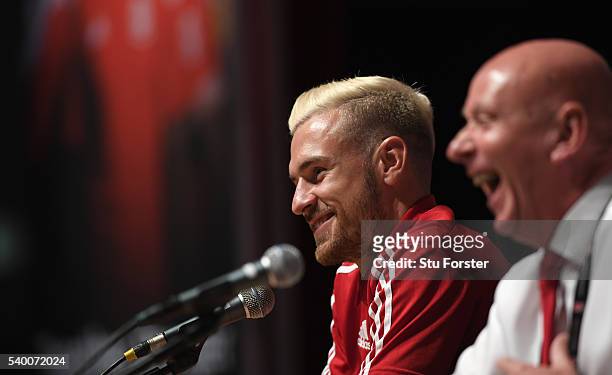 Wales player Aaron Ramsey faces the media during the Wales press conference at their Euro 2016 base on June 14, 2016 in Dinard, France.