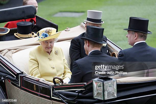 Queen Elizabeth II, Prince Philip, Duke of Edinburgh, Prince Harry and Prince Andrew, Duke of York arrive by carriage on day 1 of Royal Ascot at...