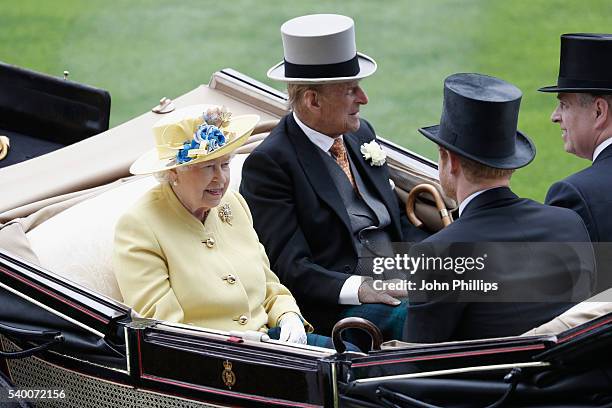 Queen Elizabeth II, Prince Philip, Duke of Edinburgh, Prince Harry and Prince Andrew, Duke of York arrive by carriage on day 1 of Royal Ascot at...