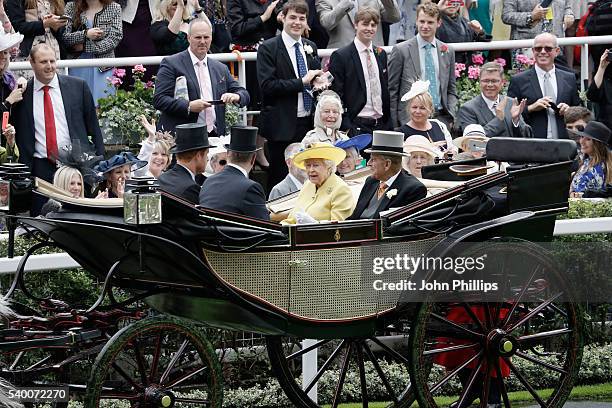 Prince Harry, Prince Andrew, Duke of York, Queen Elizabeth II and Prince Philip, Duke of Edinburgh arrive by carriage on day 1 of Royal Ascot at...