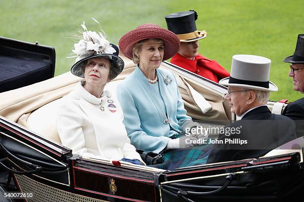 Princess Anne, Princess Royal, Birgitte, Duchess of Gloucester, Prince Richard, Duke of Gloucester and The Lord Vestey arrive by carriage on day 1 of...