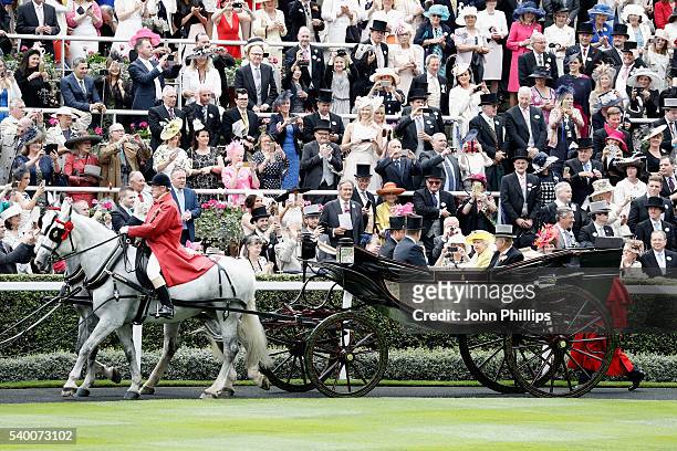 Prince Andrew, Duke of York, Prince Harry, Queen Elizabeth II and Prince Philip, Duke of Edinburgh arrive by carriage on day 1 of Royal Ascot at...