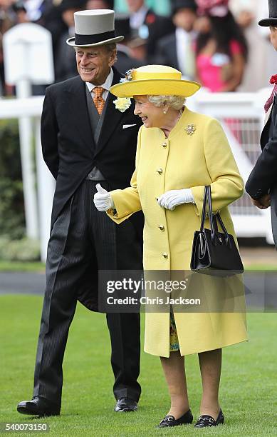 Queen Elizabeth II and Prince Philip, Duke of Edinburgh arrive in the parade ring at Royal Ascot 2016 at Ascot Racecourse on June 14, 2016 in Ascot,...