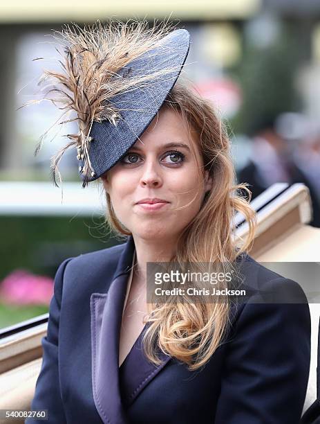 Princess Beatrice arrives in the parade ring at Royal Ascot 2016 at Ascot Racecourse on June 14, 2016 in Ascot, England. The cake hat was...