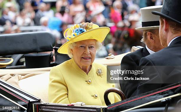 Queen Elizabeth II and Prince Philip, Duke of Edinburgh arrive in the parade ring at Royal Ascot 2016 at Ascot Racecourse on June 14, 2016 in Ascot,...
