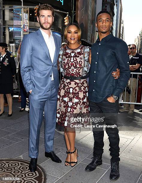 Liam Hemsworth, Vivica A. Fox and Jessie T. Usher attend "Independence Day: Resurgence" Cast Rings The Nasdaq Stock Market Opening Bell at NASDAQ...