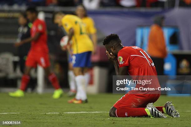 Christian Ramos of Peru celebrates his sides win during the Brazil Vs Peru Group B match of the Copa America Centenario USA 2016 Tournament at...