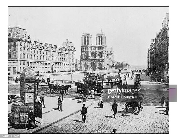 antique photograph of notre-dame de paris (france),19th century - ile de la cite stock illustrations