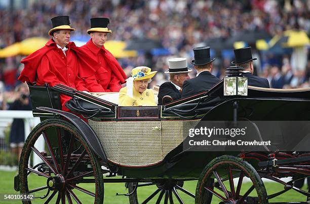 Queen Elizabeth II, Prince Philip, Duke of Edinburgh, Prince Harry and Prince Andrew, Duke of York during the Royal Procession on day 1 of Royal...