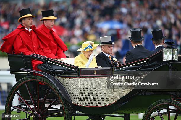 Queen Elizabeth II, Prince Philip, Duke of Edinburgh, Prince Harry and Prince Andrew, Duke of York during the Royal Procession on day 1 of Royal...