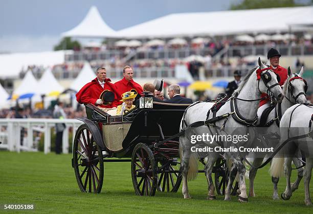 Queen Elizabeth II, Prince Philip, Duke of Edinburgh, Prince Harry and Prince Andrew, Duke of York during the Royal Procession on day 1 of Royal...