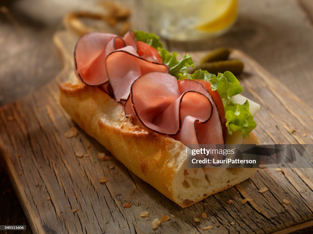 Ham and and Cheese Sandwich on a baguette