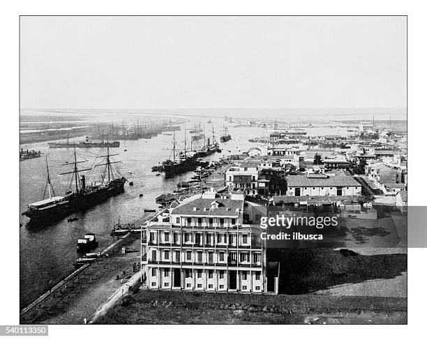 bildbanksillustrationer, clip art samt tecknat material och ikoner med antique photograph of port said on suez canal (egypt)-1880 - sund