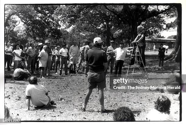 Speakers' Corner. Many listeners gather for the 'political' soap box speakers in The Domain, Sydney, 20 February 1983. SMH Picture by JOANNA BAILEY