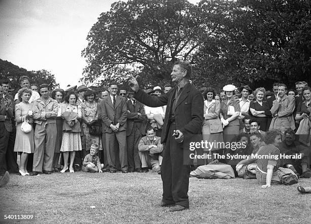 Speakers' Corner. An orator delivers a speech to an audience in the Domain, Sydney, 12 January 1947. SMH Picture by F. BURKE