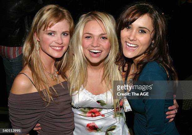 Pippa Black, Stephanie McIntosh and Natalie Blair at the Neighbours 20th anniversary party on Collins Street, 30 June 2005. THE AGE Picture by SHANEY...