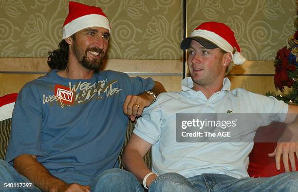 Australian cricketers Jason Gillespie and Michael Clarke, before Christmas lunch at Crown Casino in Melbourne, prior to the start of the Boxing Day...