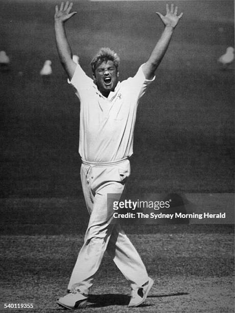 An elated Shane Warne takes his 100th test wicket against South Africa's Brian McMillan at the Adelaide Oval, 1 February 1994. SMH Picture by BRYAN...